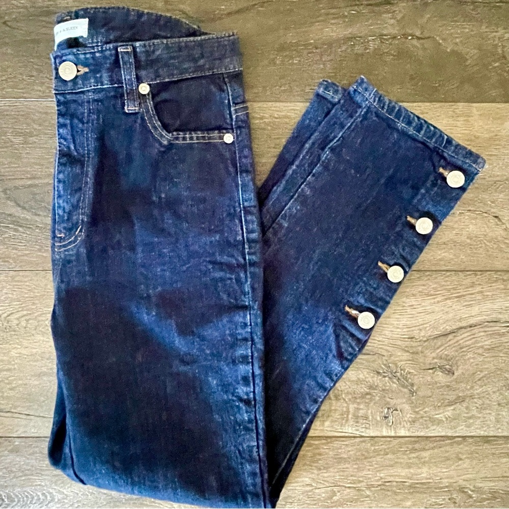 NWOT SLEEK ANOTHER SLEEK high waisted, dark denim jeans with button detail.  Med